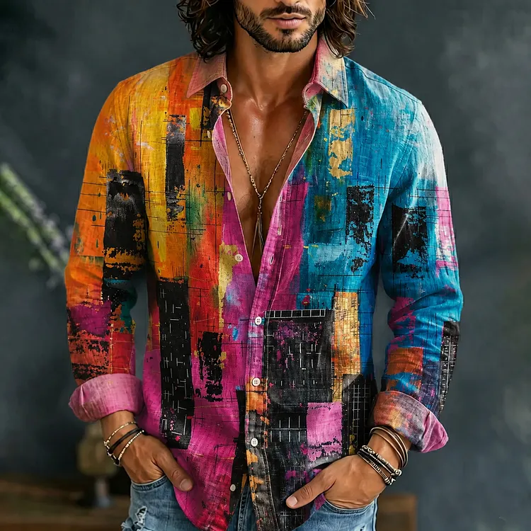 Men's Retro Abstract Geometric Art Print Long Sleeve Casual Shirt