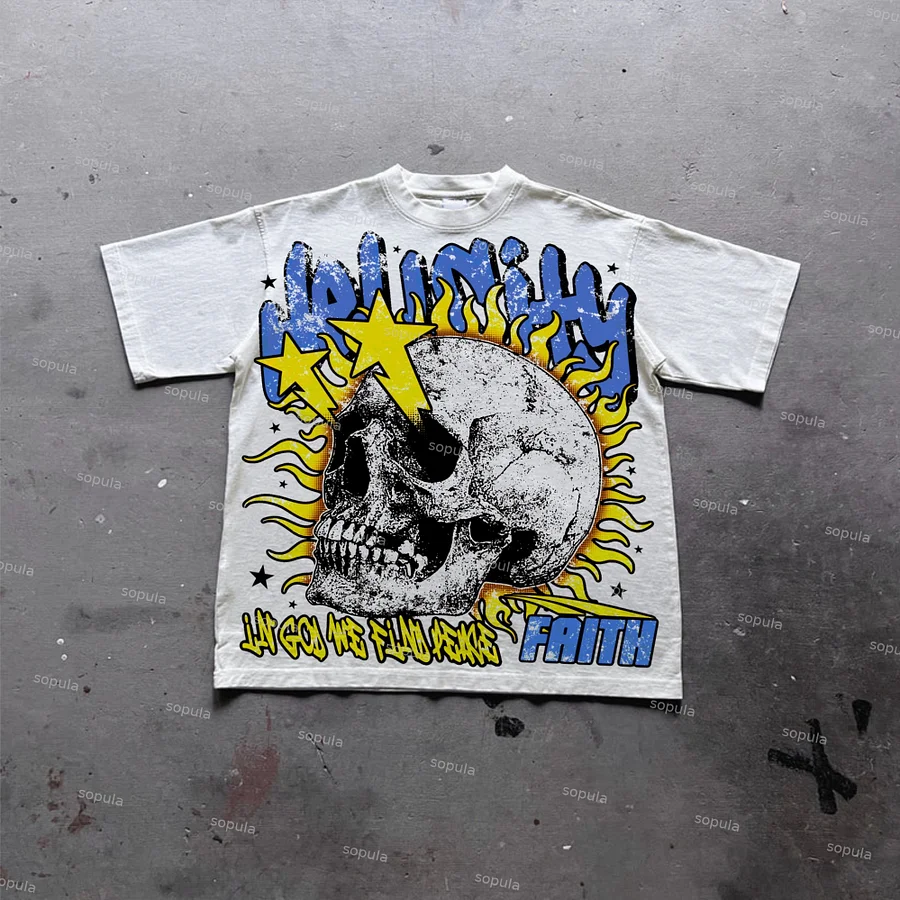 Flame Skull & Hell City Faith Vintage Old Graphic Cotton T-Shirt