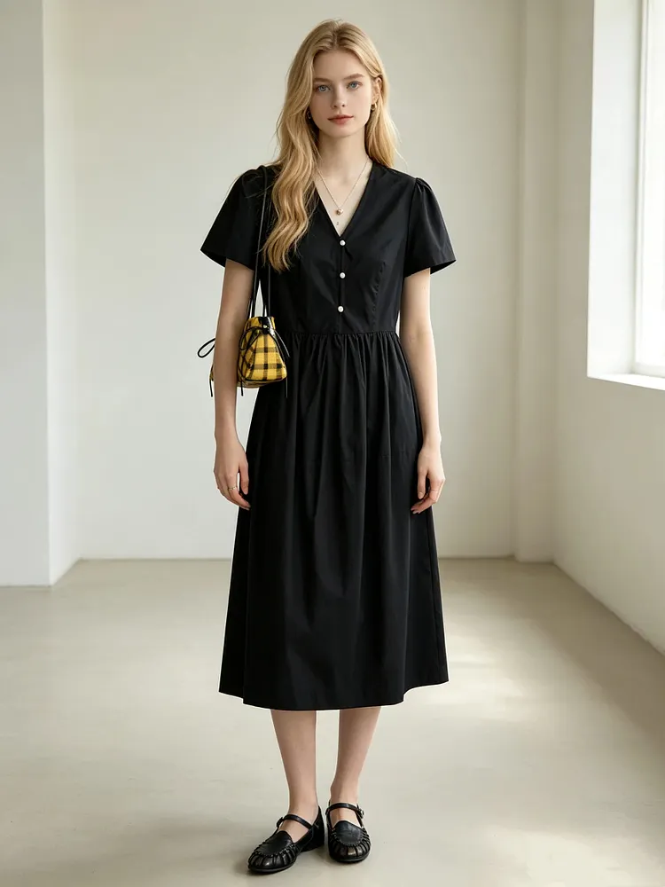 Black V-neck short-sleeved dress