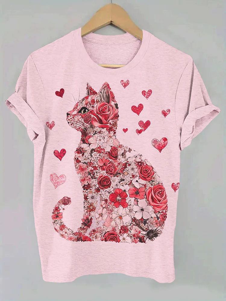 100% Cotton Women's Floral Cat Valentines Day Print Casual T-Shirt