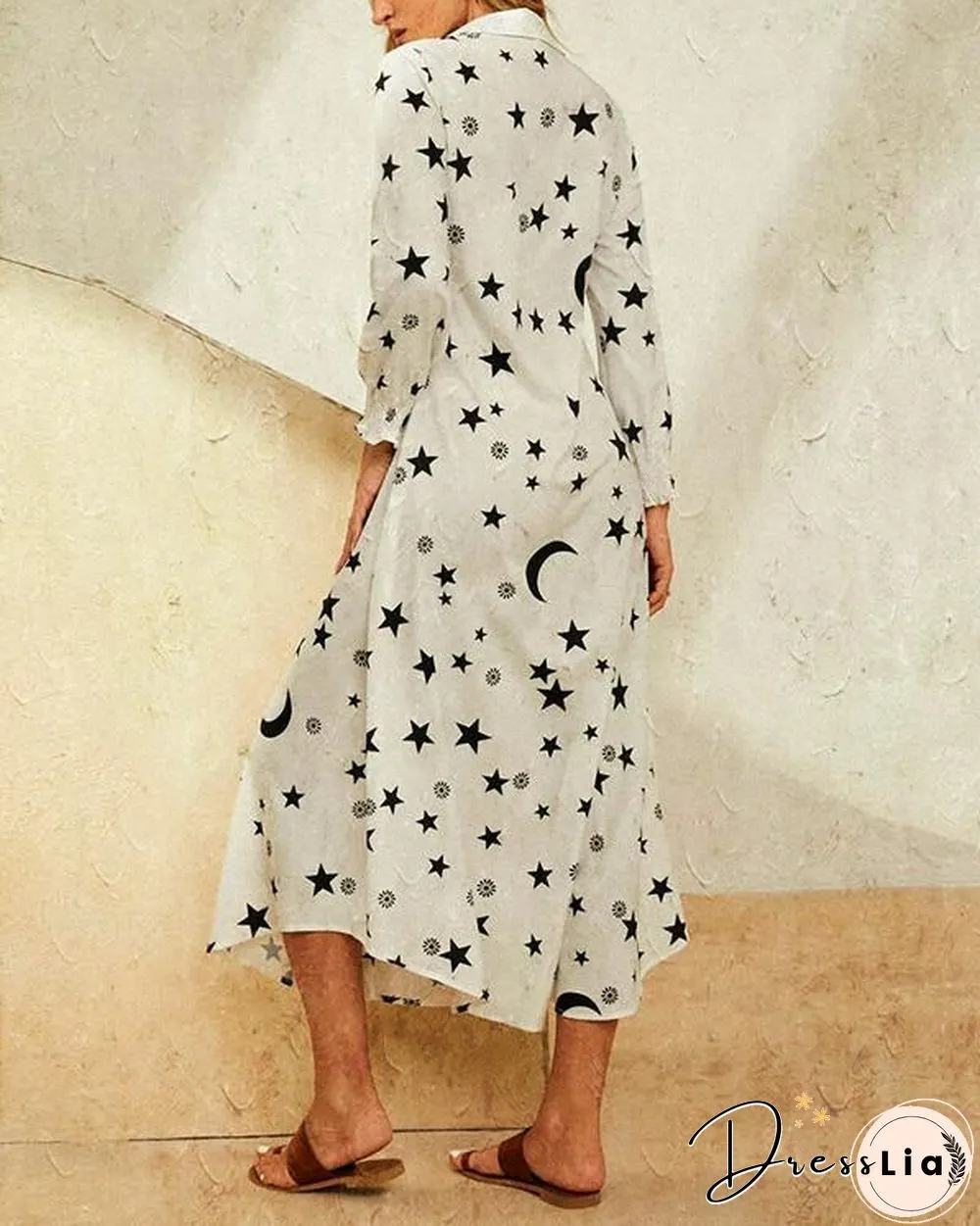 Leaves Print Lapel Button Long Sleeve Maxi Shirt Dress