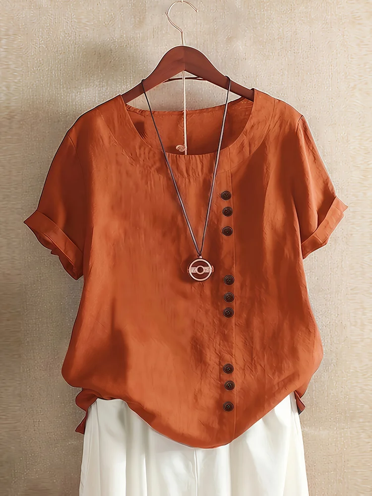 Women's Casual Button-Front Blouse - Non-See-Through Lightweight Shirt, Machine Washable Everyday & Vacation Tops For Women - Office, Party, Everyday Outfits, Party Shirt, Solid Color Shirt, Easy Care Top, Buttonup Top, Summer Wardrobe