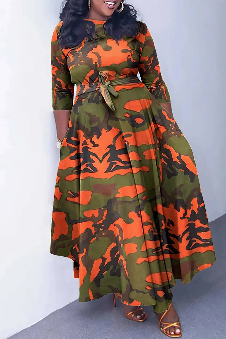Plus Size Casual Dress Orange Camouflage 3/4 Sleeve Maxi Dress With Pocket [Pre-Order]