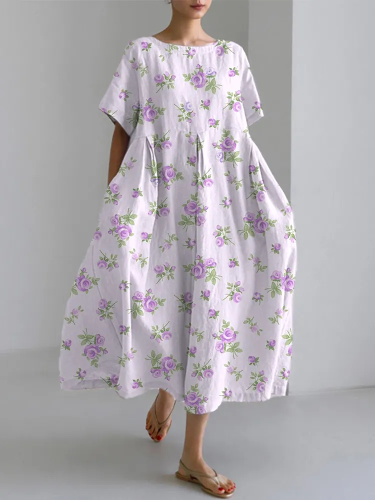Rose Flower Print Linen Blend Midi Dress