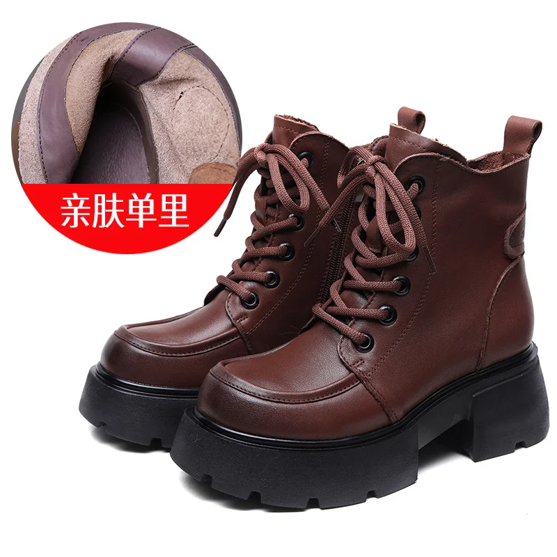 Yyvonne Layer Of Cow Skin English Wind Martin Boots 2025 Autumn And Winter New Round Head Thick Bottom Increase Plus Velvet Warm Short Boots