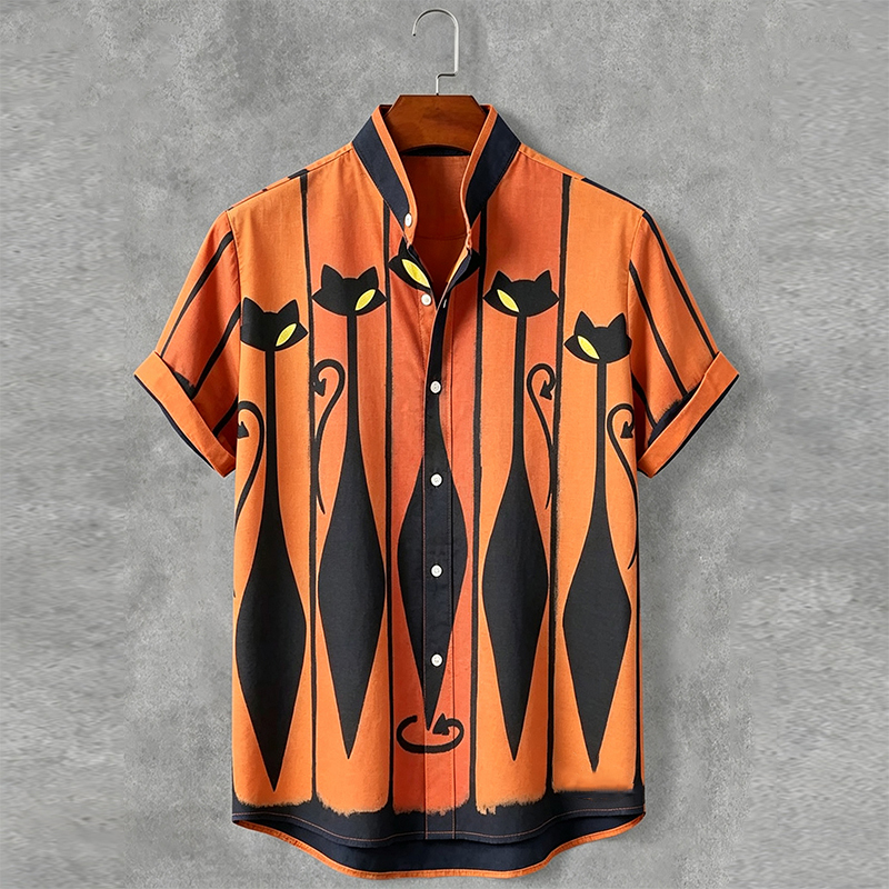 Men's Retro Striped Cat Art Pattern Casual Shirt artswardrobe
