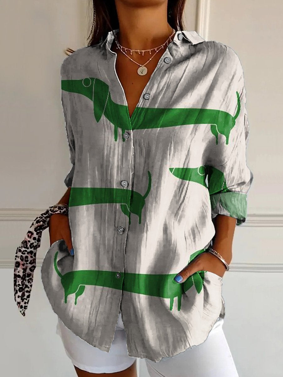 Green And White Dachshund Dog Art Printed Women's  Print Casual Cotton Shirt