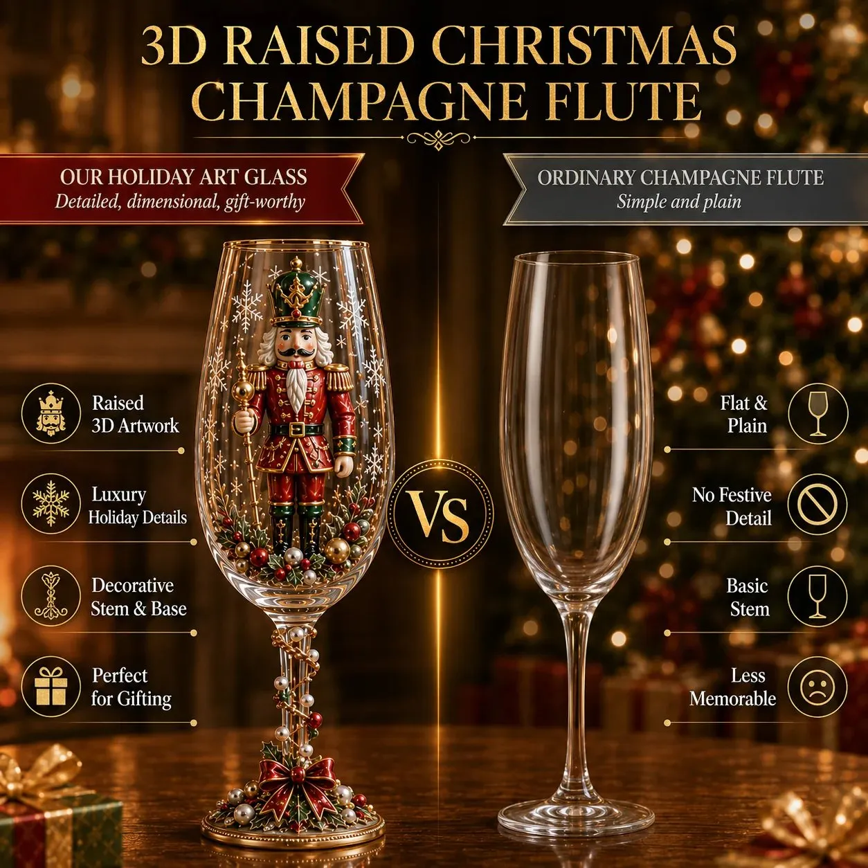 3D Christmas collector champagne glass compared with an ordinary champagne flute