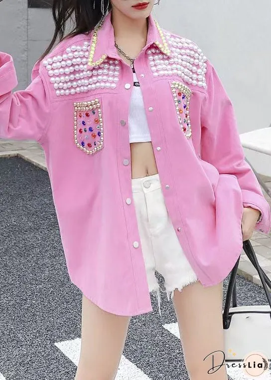 Organic Pink Peter Pan Collar Nail Bead Zircon Patchwork Denim Blouses Long Sleeve