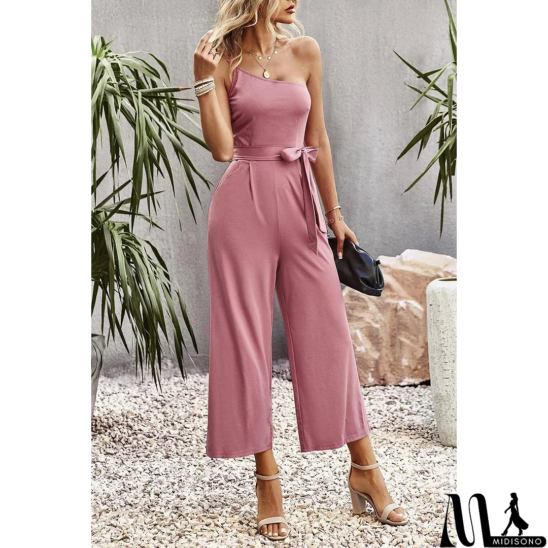 MidiSono - One Shoulder Belt Knot High Waist Jumpsuit