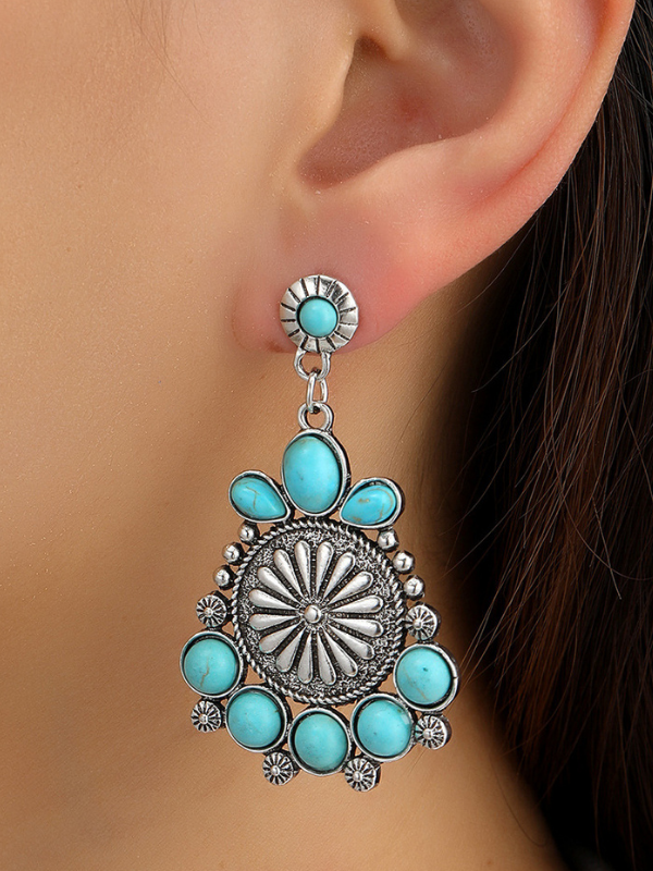 Ethnic Round Turquoise Boho Earrings Western Engraved Pattern Dangle Earrings for Cowgirl