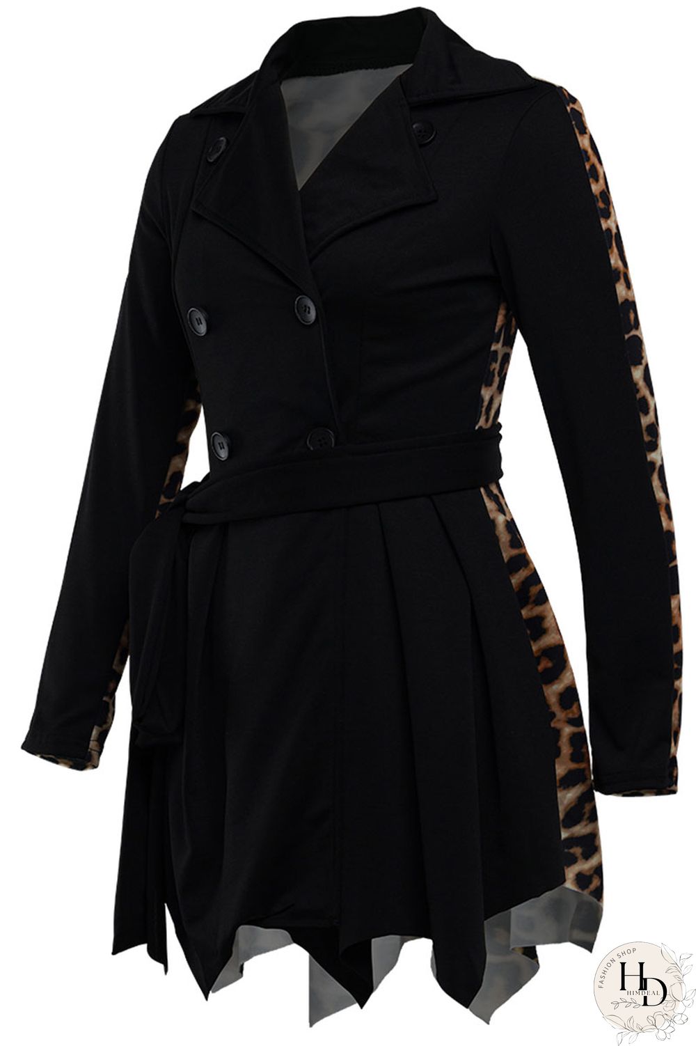 Black Fashion Leopard Camouflage Print Split Joint POLO collar Asymmetrical Dresses