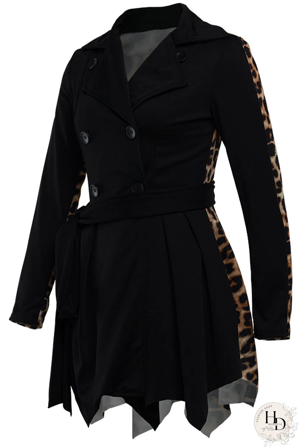 Black Fashion Leopard Camouflage Print Split Joint POLO collar Asymmetrical Dresses