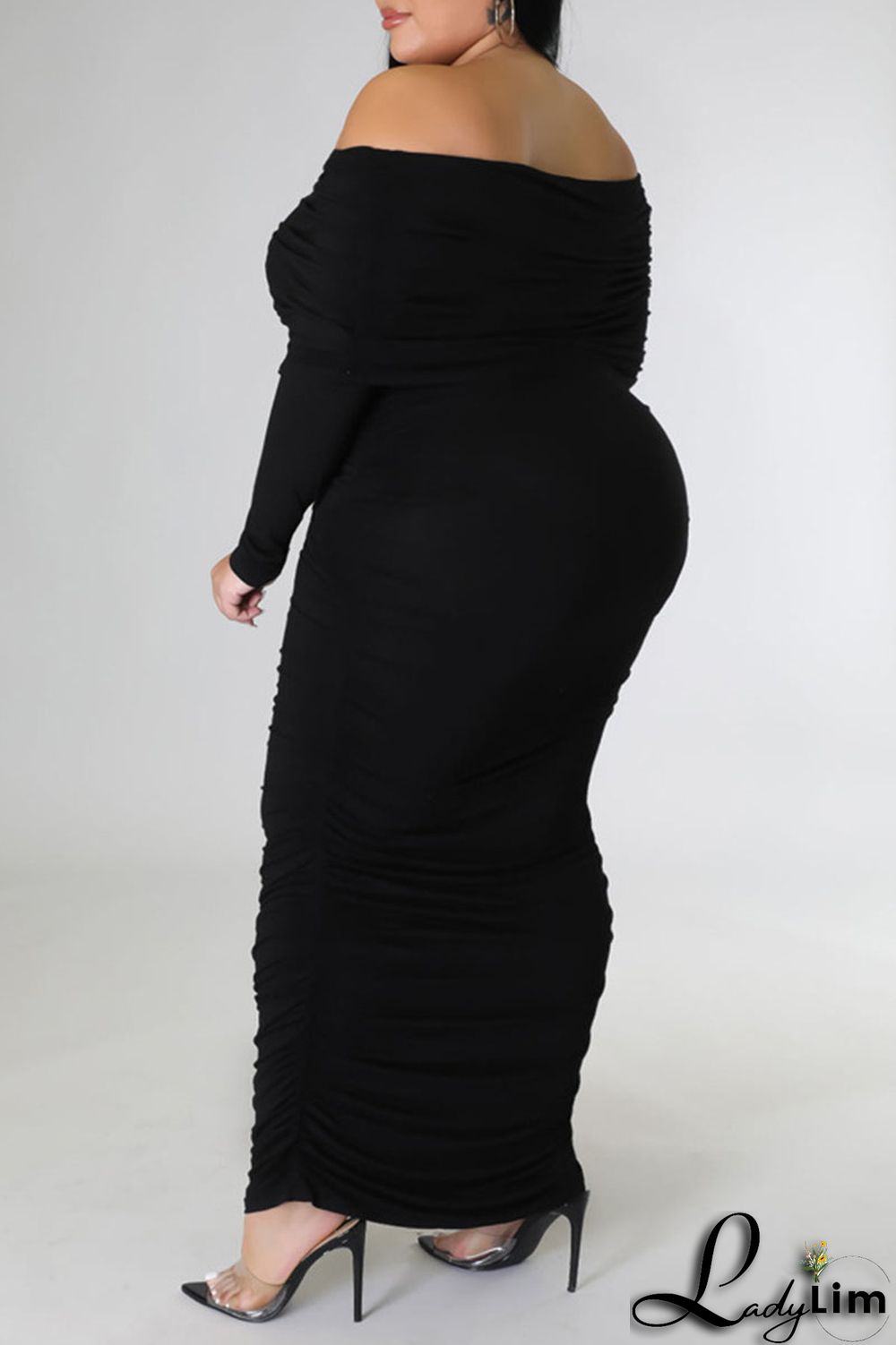 Rose Red Sexy Solid Patchwork Fold Off the Shoulder Pencil Skirt Plus Size Dresses