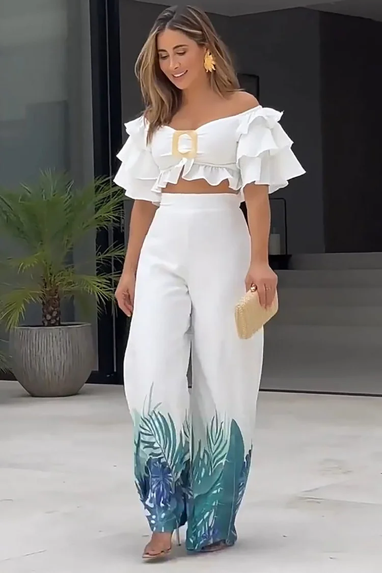 Off Shoulder Rectangular Decor Ruffle Short Sleeve Crop Top Pattern Print Wide Leg Pants White Matching Set