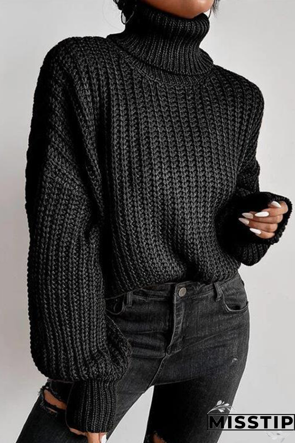 Black Street Solid Patchwork Turtleneck Tops