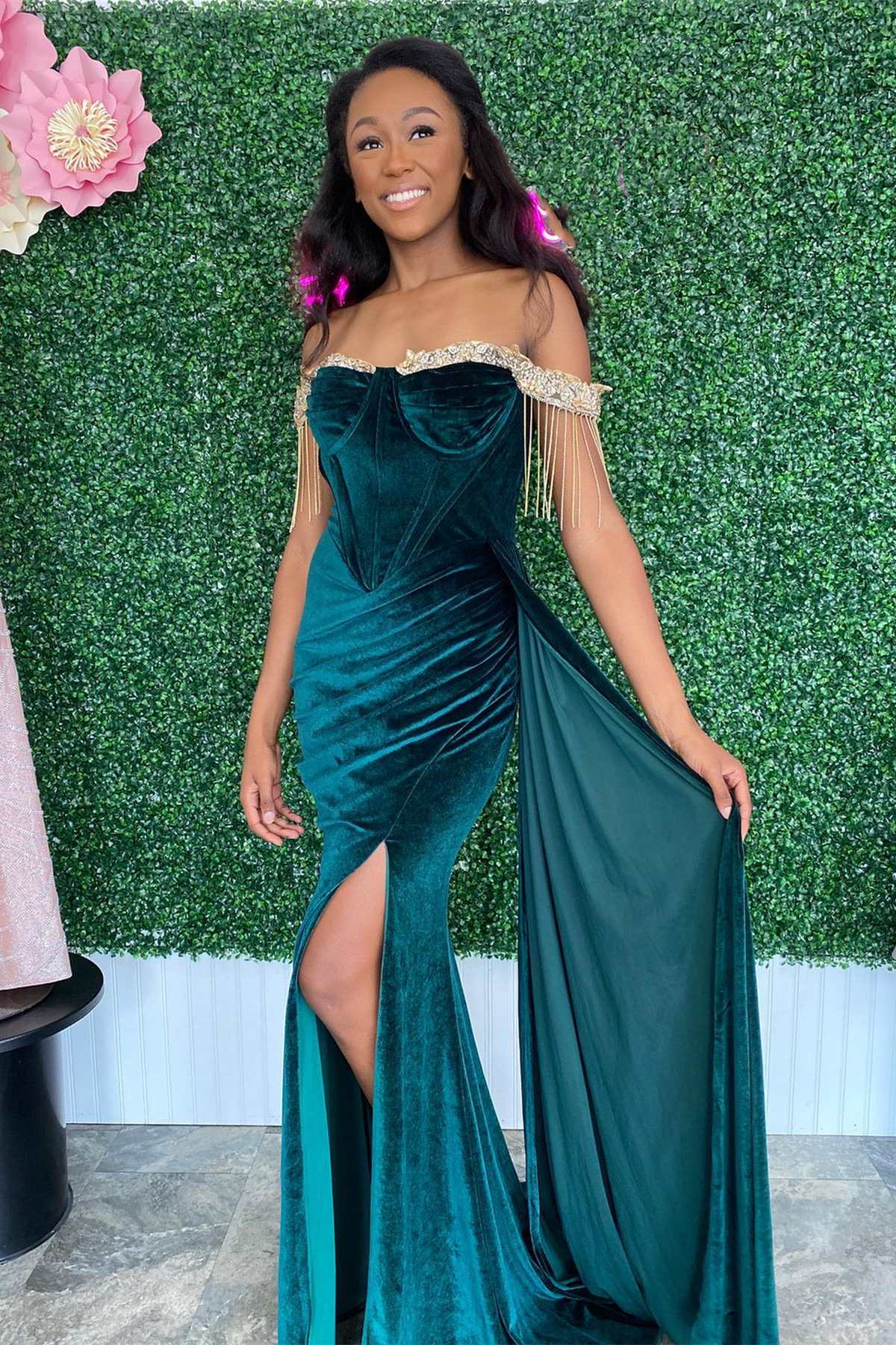 Bellasprom Off-the-Shoulder Prom Dress Mermaid  Velvet With Beads Tassels Bellasprom