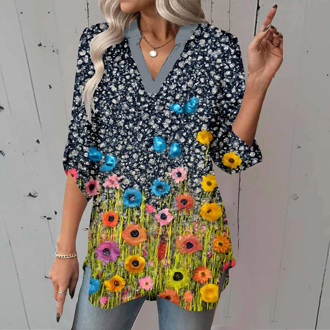 Women Floral, Blue DZGA0049 3/4 Sleeve V-neck Printed Graphic Button Tops