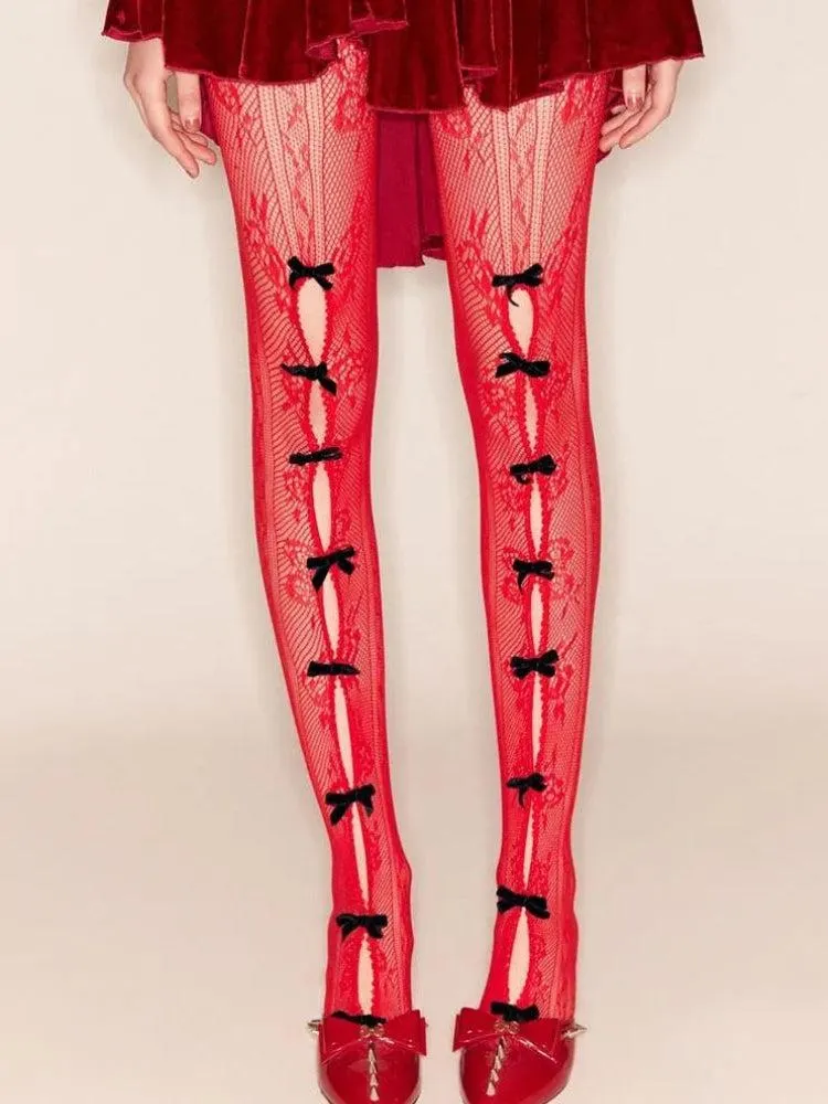 Brownm Bow Fishnet Tights