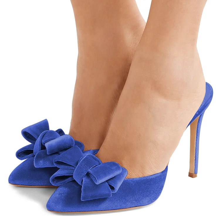 Women's Blue Velvet Bow Stiletto Heel Mules Shoes |FSJ Shoes
