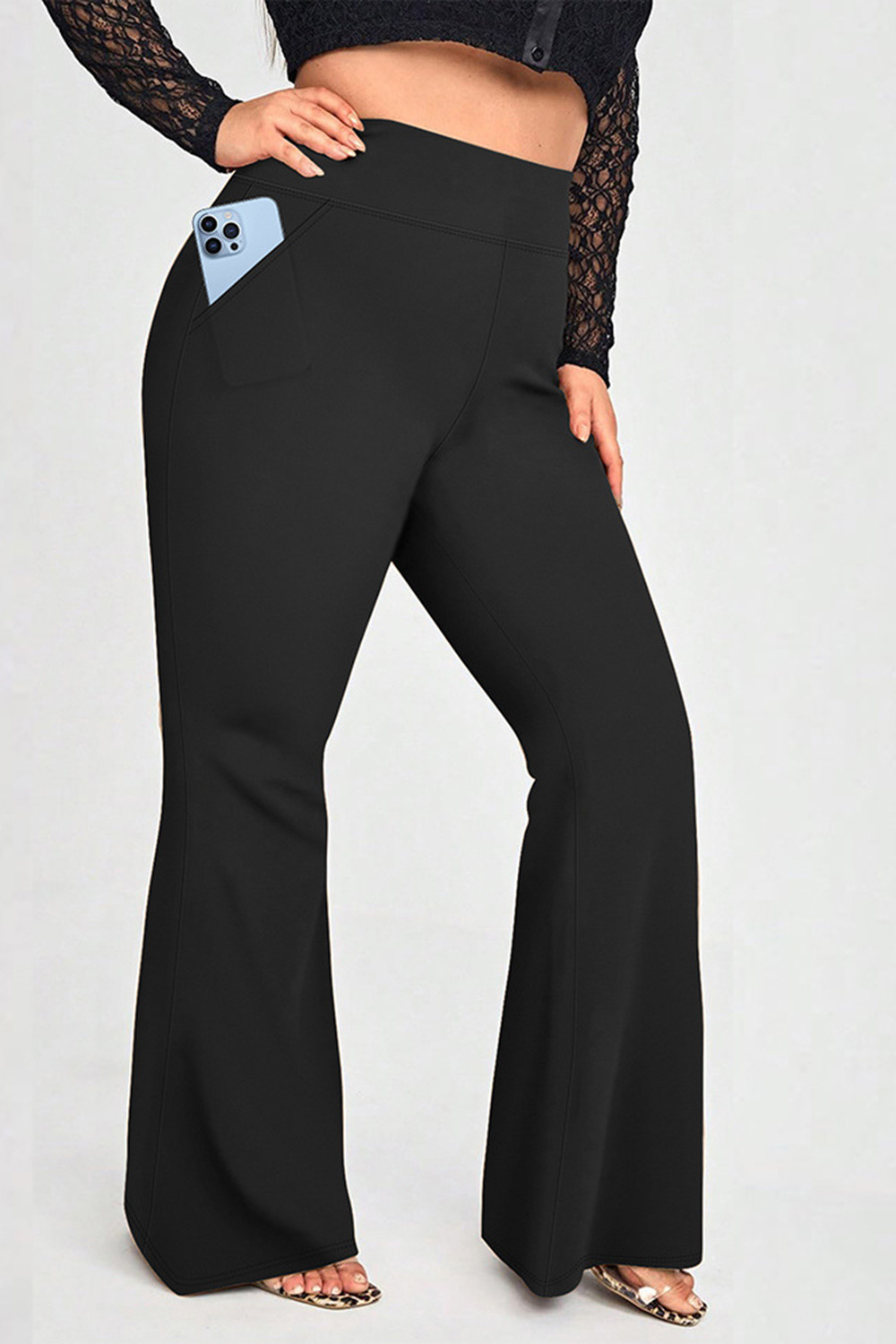 Plus Size Everyday Black High Waist Pocket Flare Leg Pants 2024 - Flycurvy 