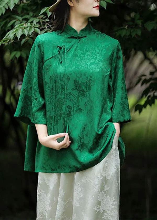Chinese Style Green Stand Collar Jacquard Patchwork Silk Shirt Spring