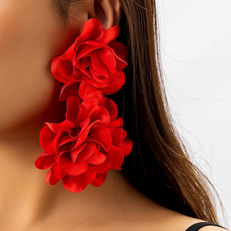 Fashion Red Satin Floral Shaped Long Earrings