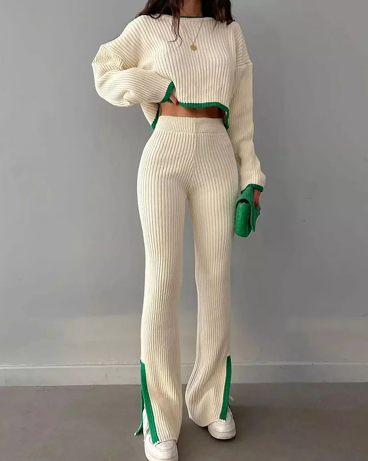 Two-piece Long-sleeved Sweater with Color Matching Top and Pants