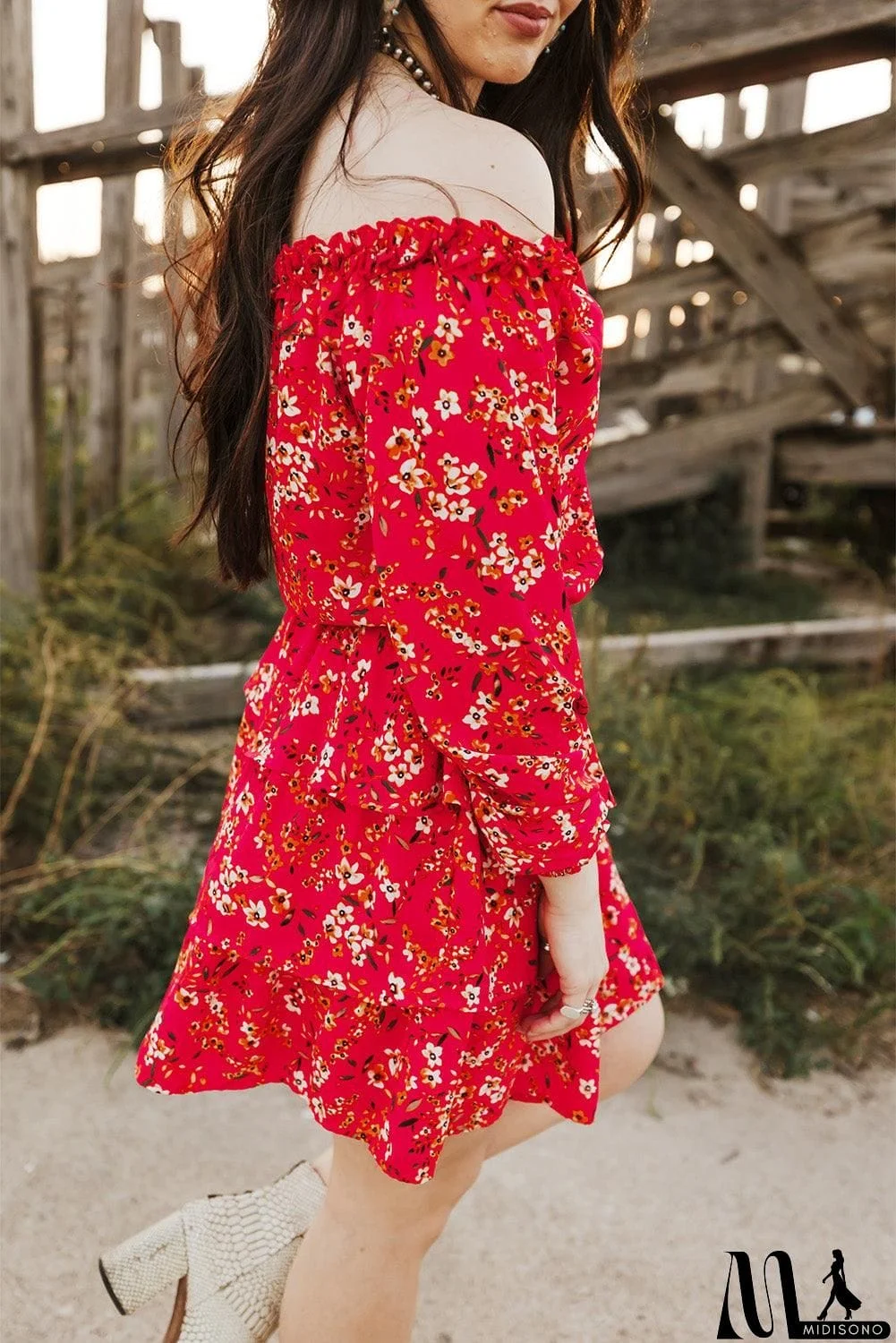 MidiSono - Floral Frill Trim Off-Shoulder Layered Dress