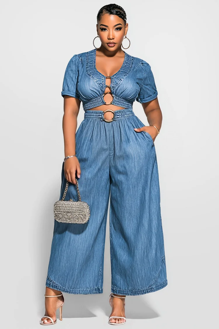 Xpluswear Design Plus Size Party Blue V Neck Short Sleeve Pocket Wide Leg Tencel Denim Two Piece Pant Sets [Pre-Order] 2024 - Xpluswear