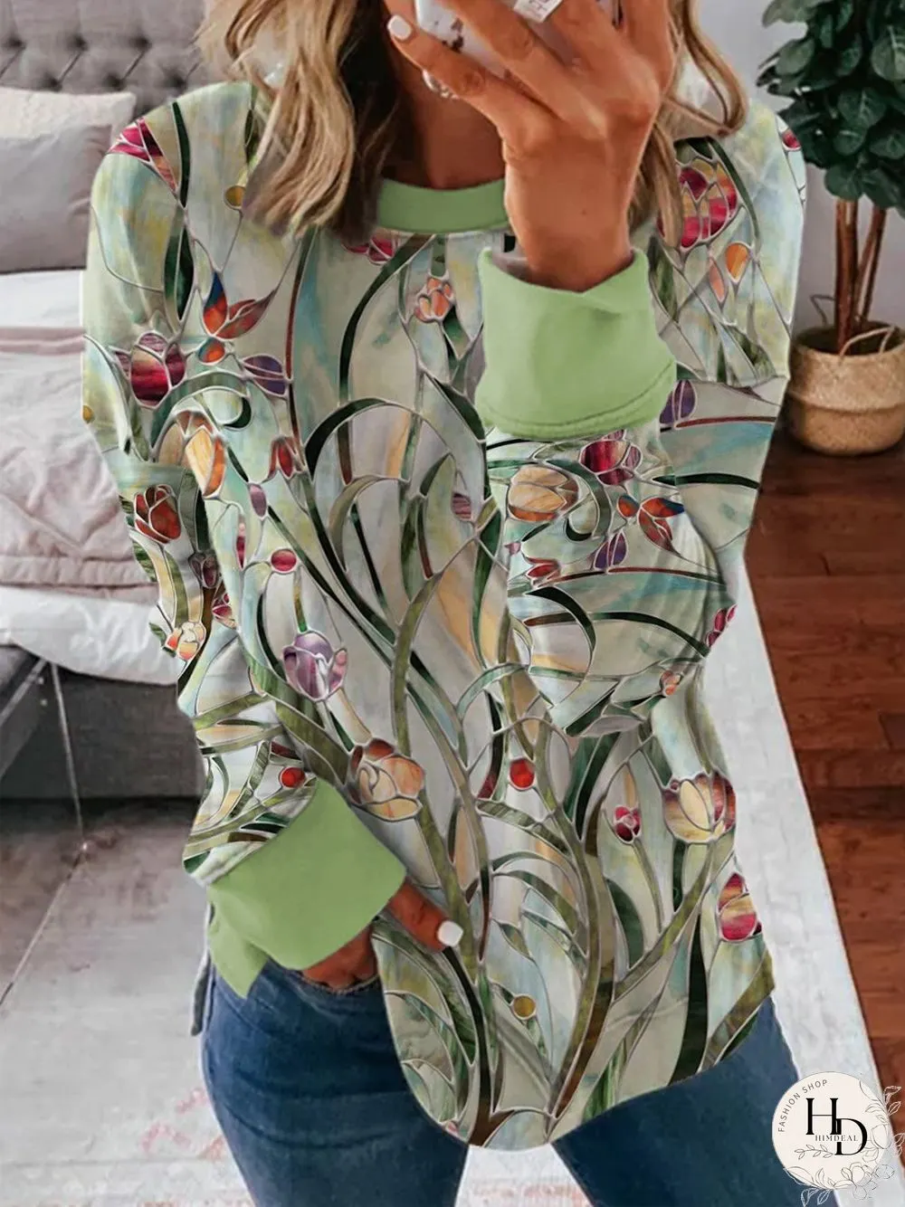 Casual Floral Autumn Lightweight Jersey Long sleeve Mid-long H-Line Regular Size