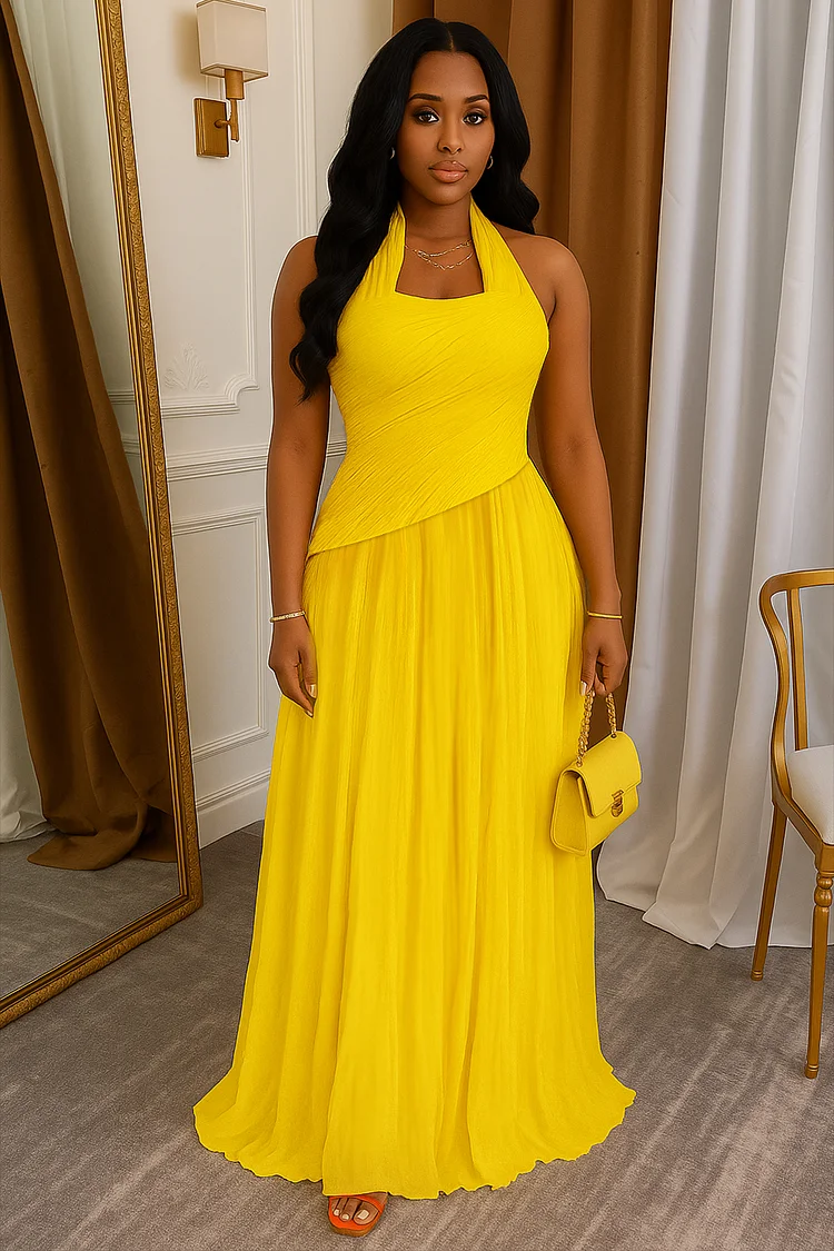 Halter Square Neck Wrinkle Solid Party Maxi Dresses-Orange