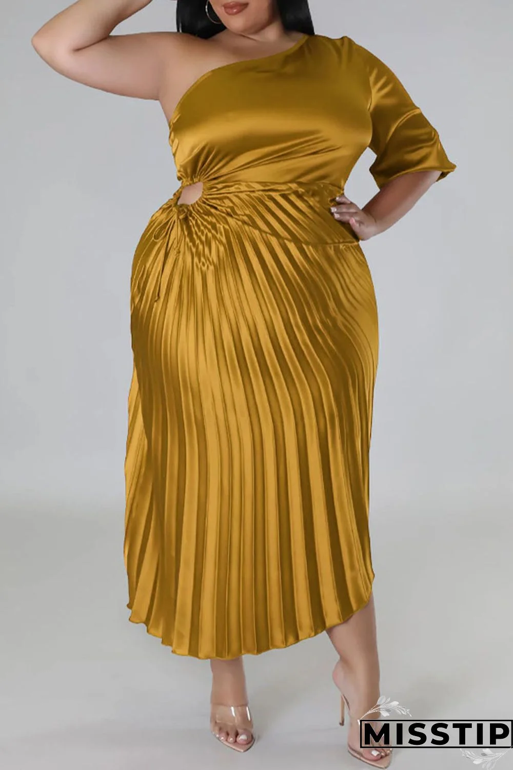 Gold Elegant Solid Patchwork Draw String Fold Oblique Collar One Step Skirt Plus Size Dresses