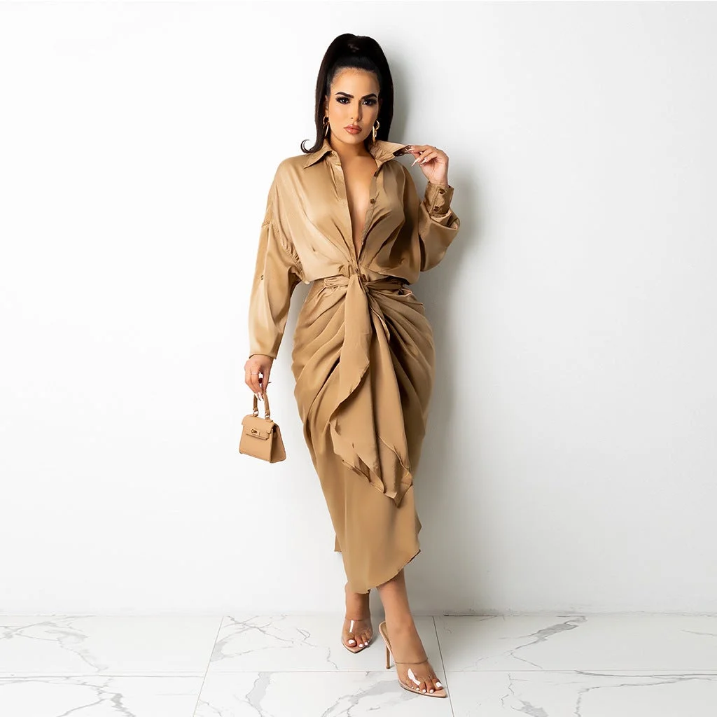 Hollow Solid Color Pleated Fashion Ladies Dress