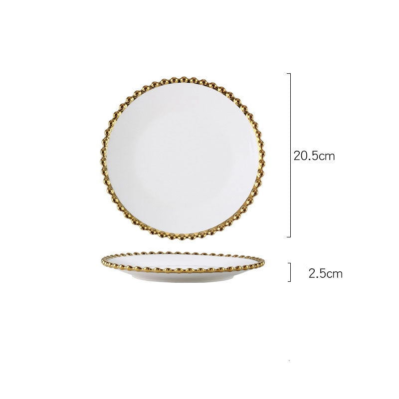 Light Luxury Style Phnom Penh Pearl Point Ceramic Bowl Plate Tableware Household Western Food Plate Steak Plate Fruit Salad Bowl Dessert Bowl