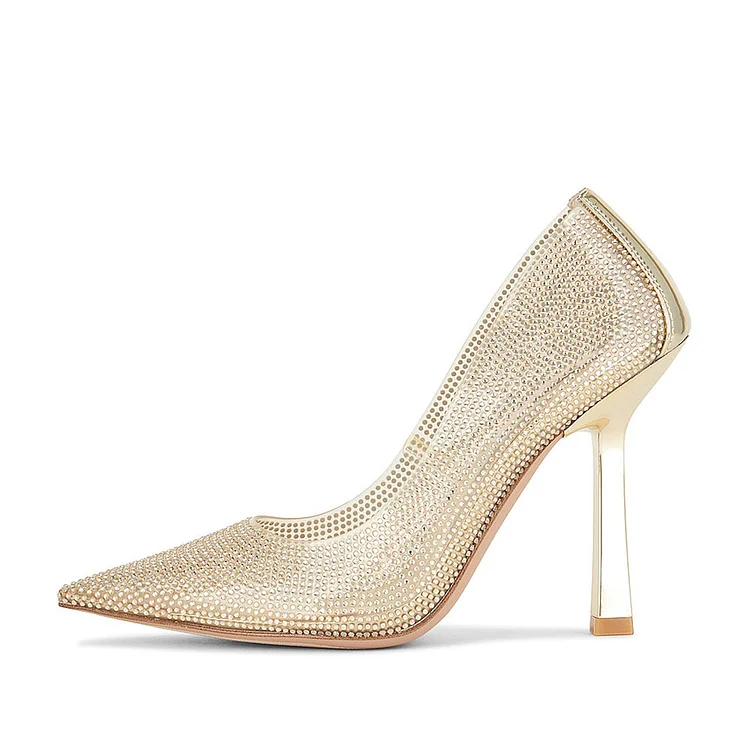 Metallic Gold Sparkling Heels Pointed Toe Rhinestone Clear Pumps |FSJ Shoes