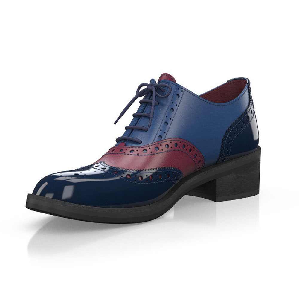 Navy & Maroon Patent Leather Patchwork Lace-Up Round Toe Oxford Heels Nicepairs