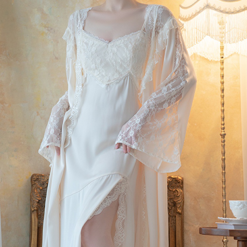 Gamestracks costumes for women hot Women's Bathrobe Set Solid Spring Autumn Sexy Lace Patchwork Ladies Dressing Gown and Night Dress Split Nightwear for Female