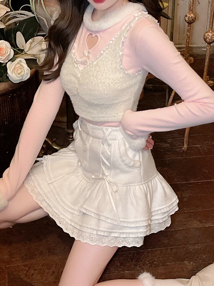 Prosperousluck dresses for teens prom Japanese Kawaii Lolita Mini Skirt Women Winter Lace Casual Elegant Sweet Female Skirt High Waist Bandage Korean Fashion Skirt