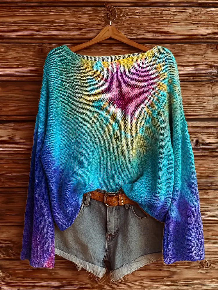 Women's Heart Tie-Dye Art Pattern Print Casual Pullover Sweater