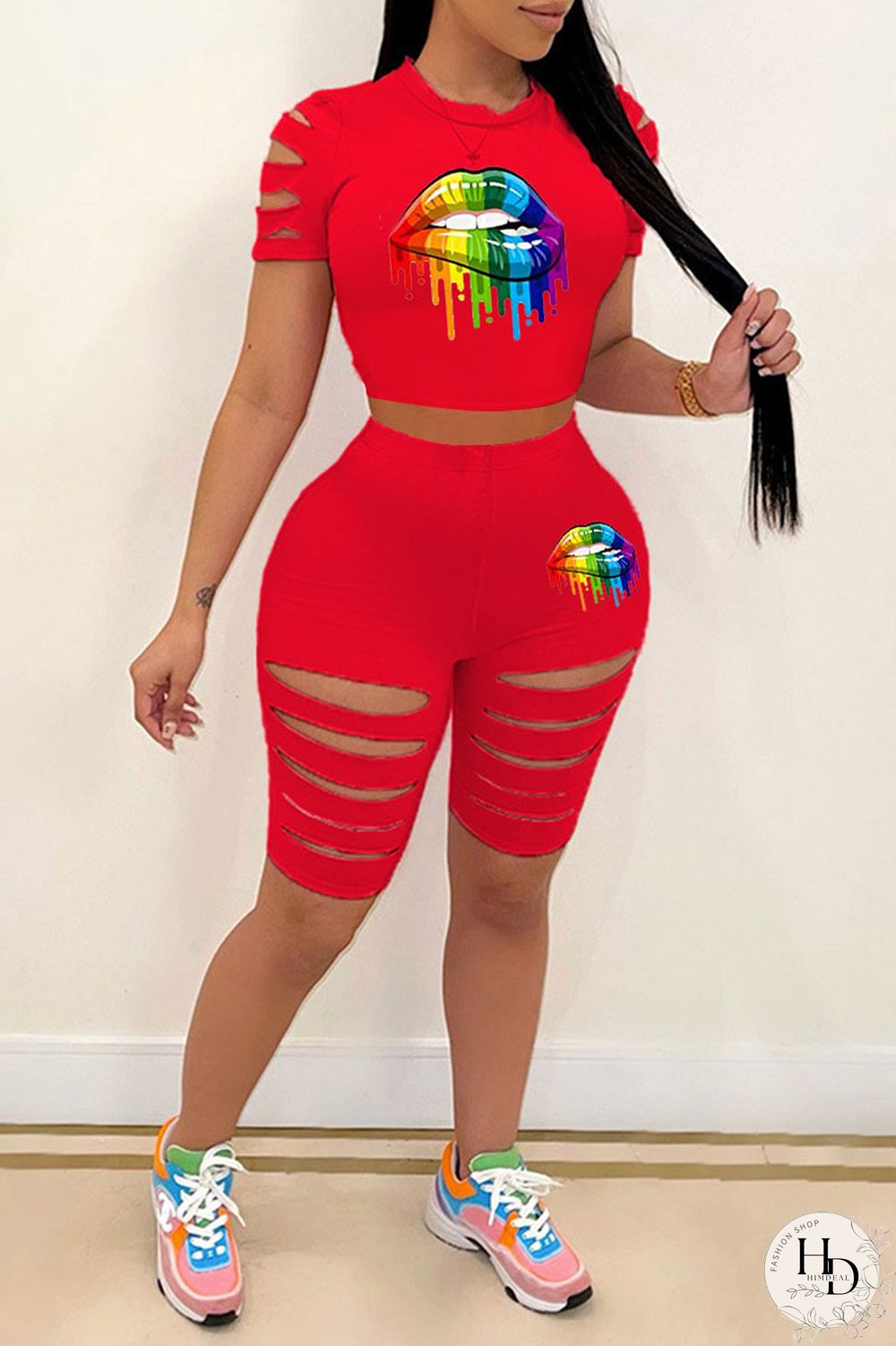 Red Casual Sportswear Print Hollowed Out Split Joint O Neck Short Sleeve Two Pieces