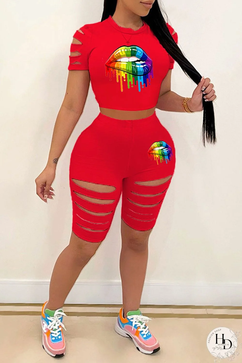 Red Casual Sportswear Print Hollowed Out Split Joint O Neck Short Sleeve Two Pieces