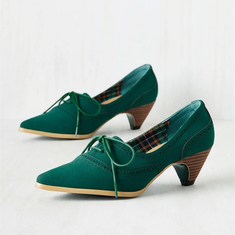 Green Lace Up Heels Pointy Toe Vintage Shoes Cone Heel Pumps |FSJ Shoes
