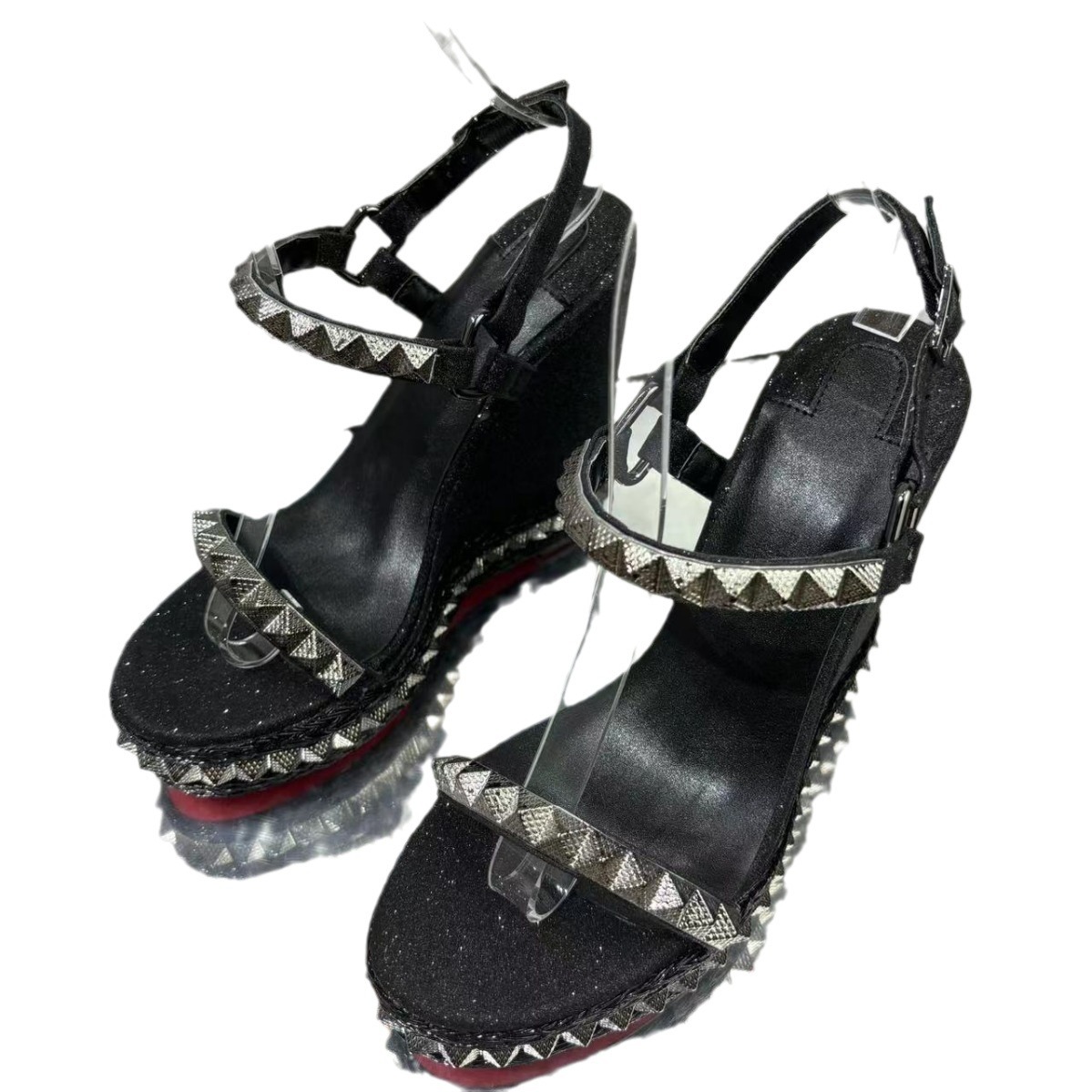  120mm/4.72 Inch Rivet Wedge Sandals Women's Summer New Woven One-piece Waterproof Platform Thick Red Bottom Sandals-vocosishoes