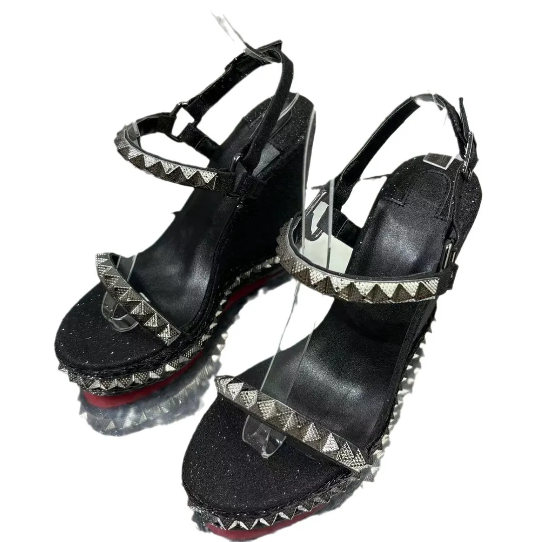  120mm/4.72 Inch Rivet Wedge Sandals Women's Summer New Woven One-piece Waterproof Platform Thick Red Bottom Sandals-vocosishoes