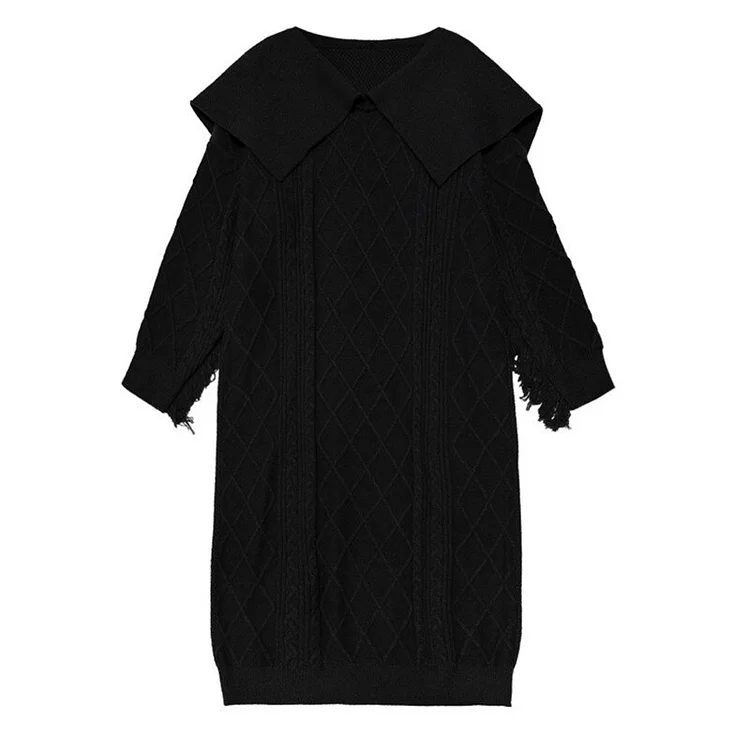 Fashion Loose Solid Color Sailor Collar Long Sleeve Splicing Tassel Knitting Dress 