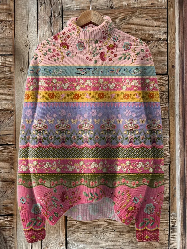 Retro Lovely Floral Art Print Knit Turtleneck Pullover Sweater