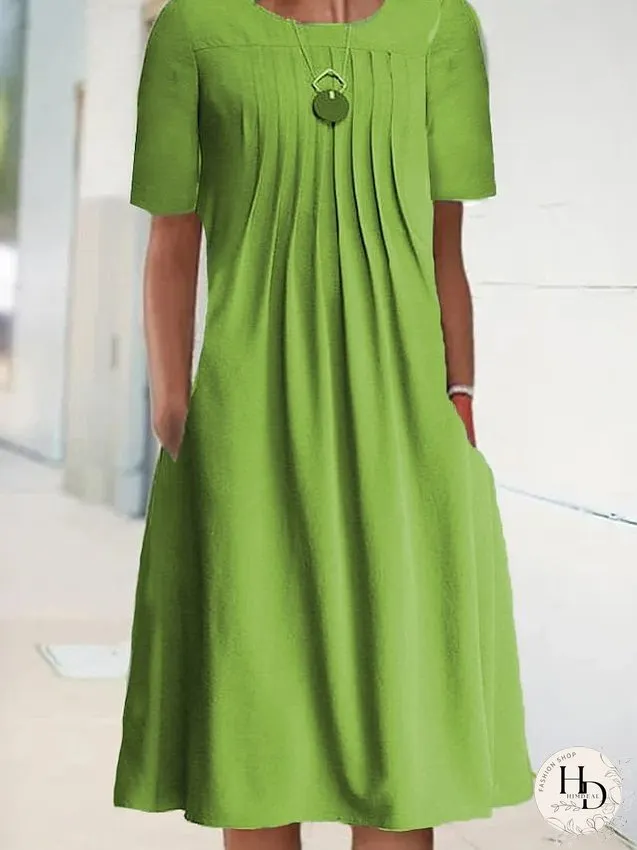 Casual Dress Shift Dress Midi Dress Blue Green Short Sleeve Pure Color Ruched Fall Spring Summer Crew Neck Basic Daily Weekend Loose Fit S M L XL XXL 3XL 4XL 5XL for Women
