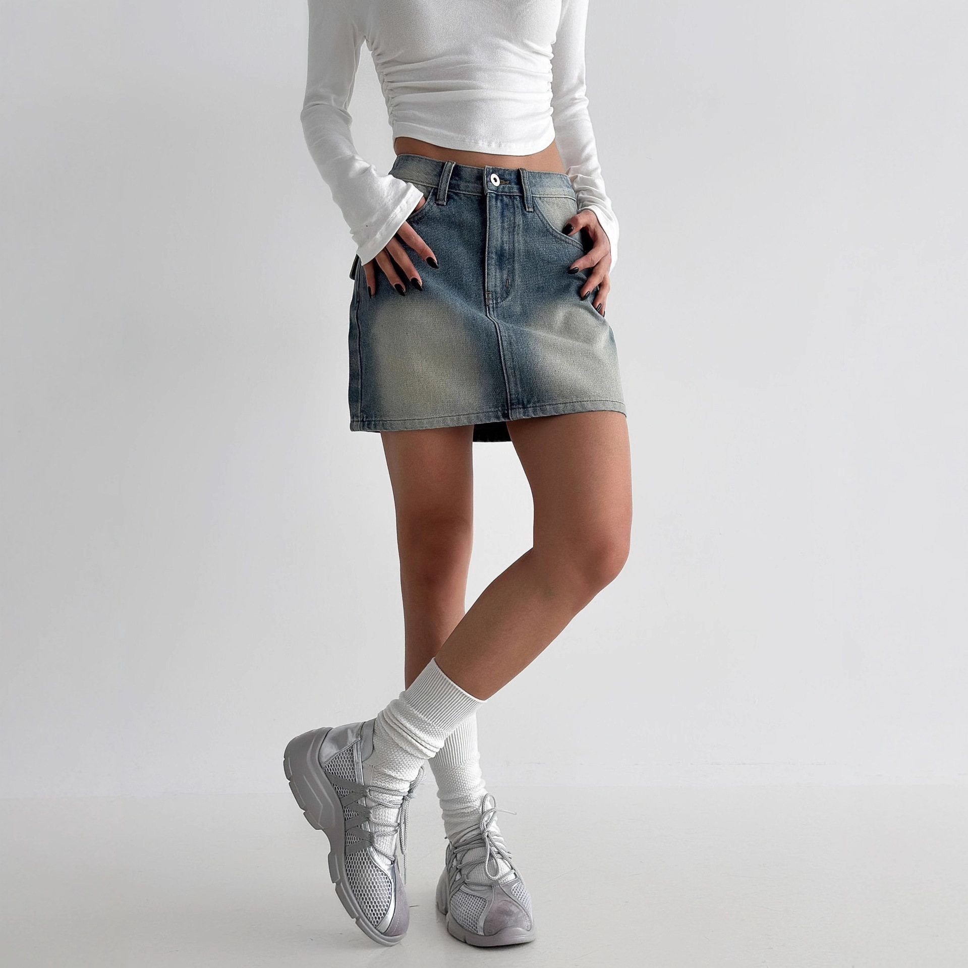 Vintage Washed Denim A-Line Mini Skirt