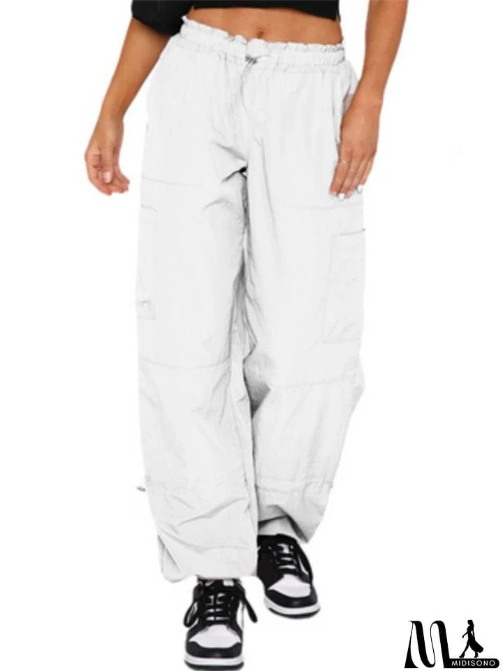 MidiSono - Sports Comfy Elastic Waist Multi Pockets Ankle Tied Pants for Women